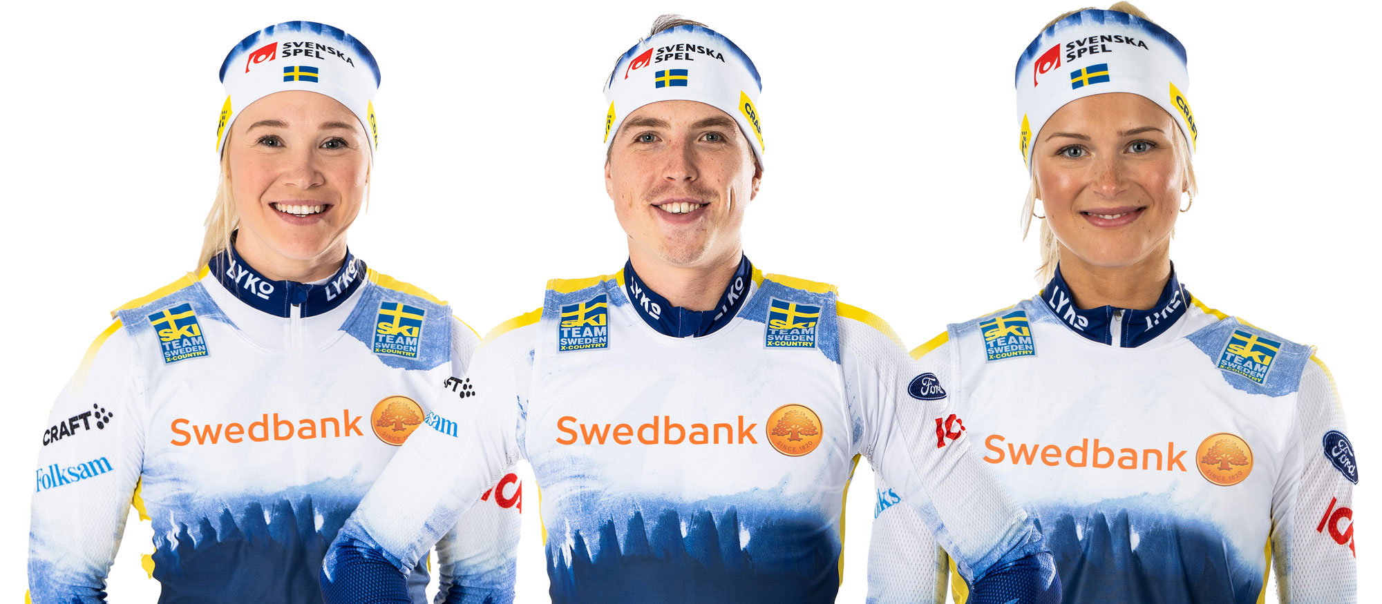 Tre längdskidåkare med Swedbanks logga